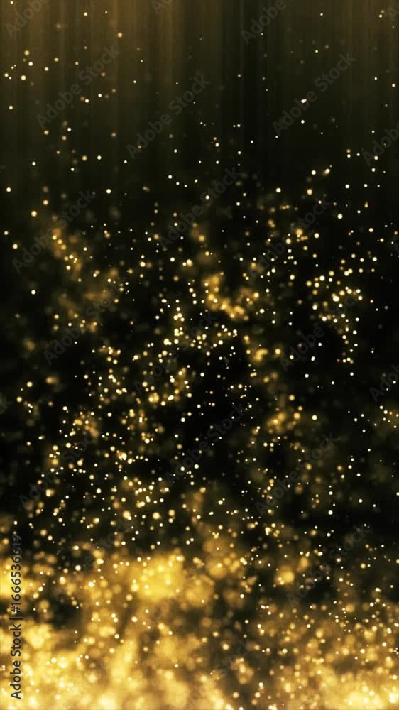 Poster discover a stunning abstract animation of shimmering gold particles on a deep black background. vert