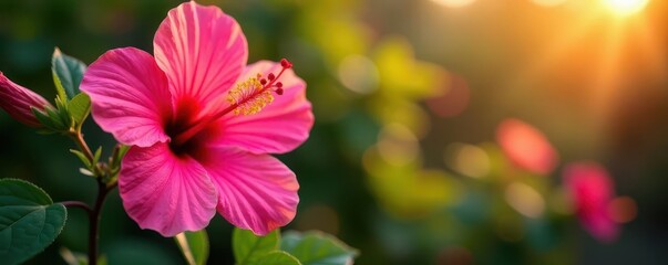 Fototapeta premium Brilliant pink Hibiscus moscheutos blooms in August sun , botany, petals, flowers