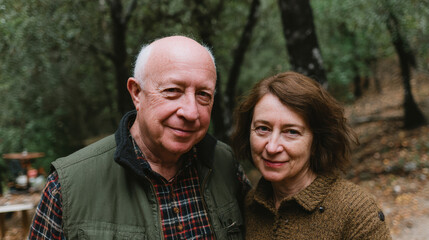 Fototapeta premium Older couple smiling outdoors in forest with warm clothing