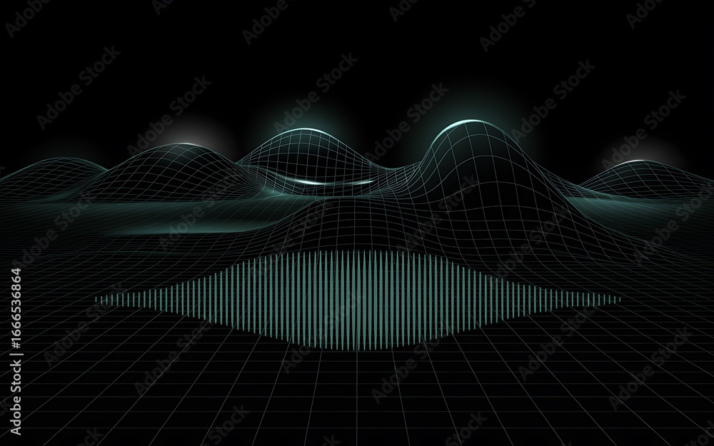 Poster abstract futuristic digital sound wave visualization with glowing green lines on a dark background