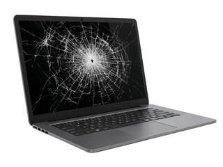 Modern silver laptop with a severely cracked and shattered screen displaying a starburst pattern isolated on transparent background