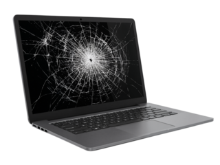 Modern silver laptop with a severely cracked and shattered screen displaying a starburst pattern isolated on transparent background