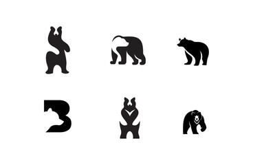 Collection of Black Bear Logos and Silhouettes, Modern Abstract Animal Emblem Designs