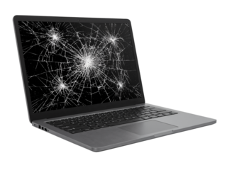 Modern silver laptop with a severely cracked screen displaying bright light reflections isolated on transparent background