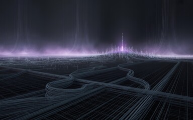 Futuristic cityscape with glowing purple aurora lights above