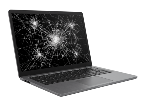 Modern silver laptop with a severely cracked screen displaying bright light reflections isolated on transparent background - Powered by Adobe