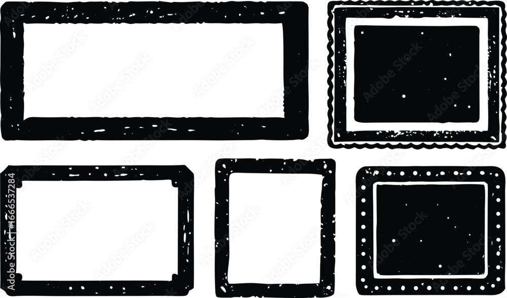 Poster a collection of five grunge black frames in various shapes and sizes, isolated on a white background