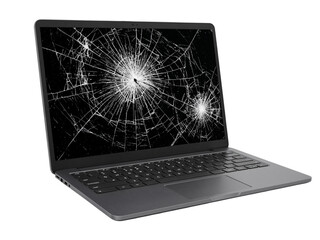 Modern laptop with a severely shattered cracked screen displaying bright light patterns isolated on transparent background
