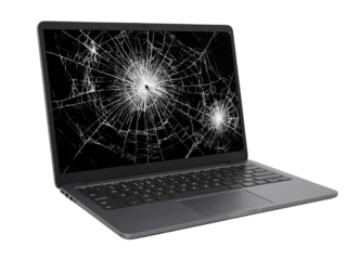 Modern laptop with a severely shattered cracked screen displaying bright light patterns isolated on transparent background