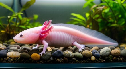 Obraz premium A close-up view of a pink leucistic axolotl, the unique Mexican walking fish, resting on pebbles in a freshwater aquarium