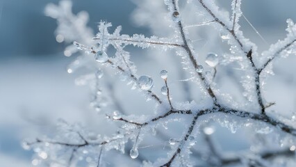 Frost-covered branches with glistening ice droplets against a soft blue winter backdrop