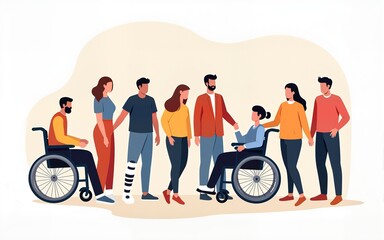 World disability day. Disabled people standing together. People with prosthesis and in wheelchair and blind. Flat vector illustration. High quality