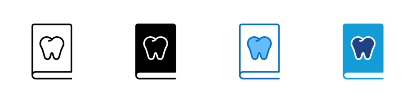 Dental Book Multiple Style Icon Vector Design - book or manual with a tooth icon on the cover, represents dental education, oral care guides, and professional reference for dentists