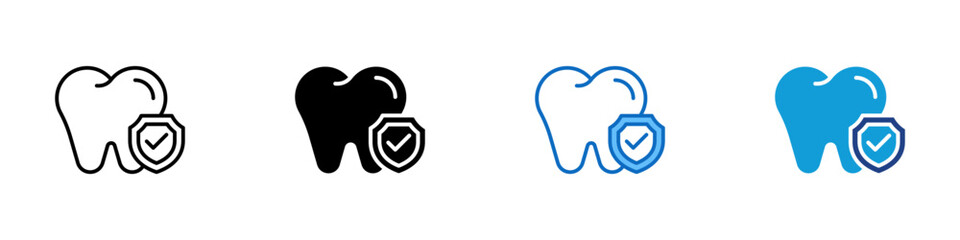 Protected Teeth Multiple Style Icon Vector Design - Two teeth with a shield and checkmark, representing dental protection, oral insurance, and safety assurance