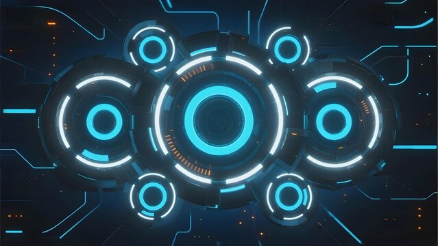 Abstract digital interface with glowing blue circular elements and circuit patterns