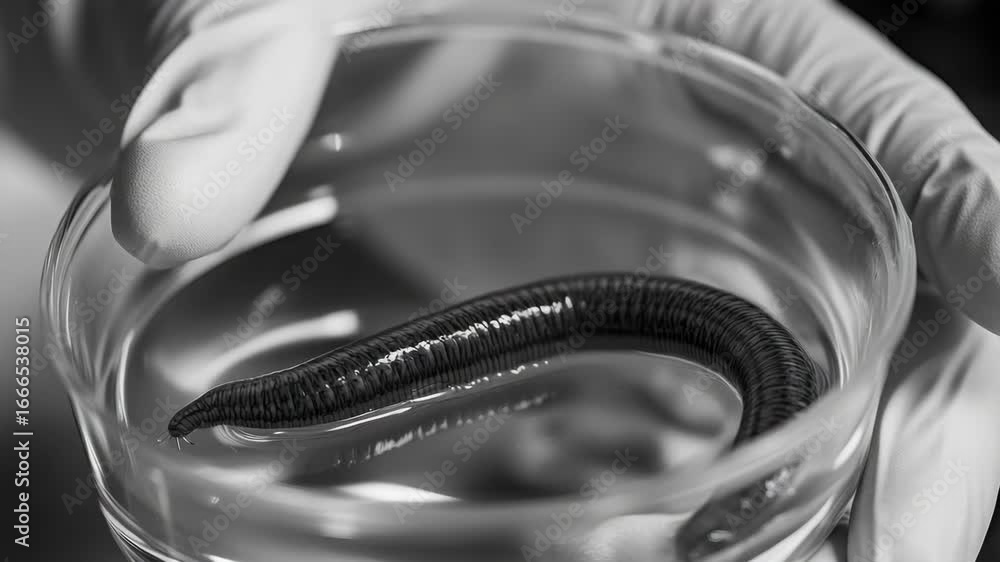 Poster close-up view of a tiny worm under the microscope