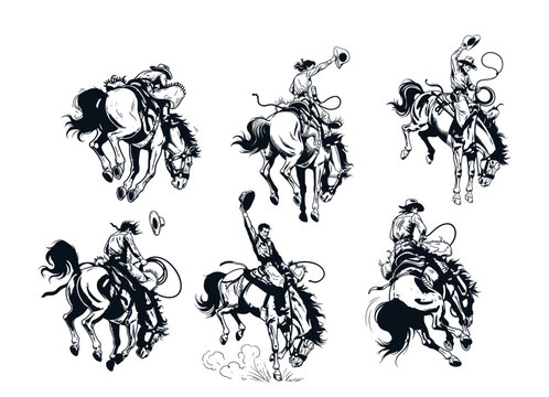 Wild West Rodeo Cowboy Illustration. Frontier Cowboy Spirit art. Retro Western Rodeo Rider. A vintage illustration of rodeo cowboy. Cowboy action on bronco. Bronco Buster Rodeo Cowboy Action Sketch.