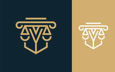 Initial letter Y for law firm with pillars, legal scales and shield logo design vector illustration