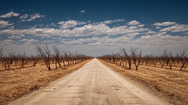 Dirt road running through an orchard. Cloudy sky. Use Landscape, nature scene