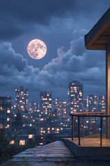 Cinematic night sky with realistic full moon on the left of the image, city buildings scape below as though a scene from a rooftop