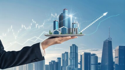 Businessman holding a tray with modern skyscrapers and homes, symbolizing real estate growth, urban development, and property investment.