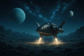 Obraz premium Futuristic spacecraft landing alien landscape.