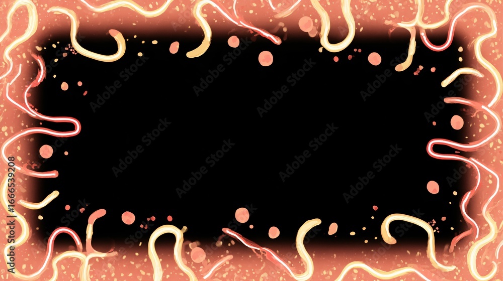 Poster a vibrant, abstract frame design with flowing, luminous peach and gold lines, creating a dynamic and