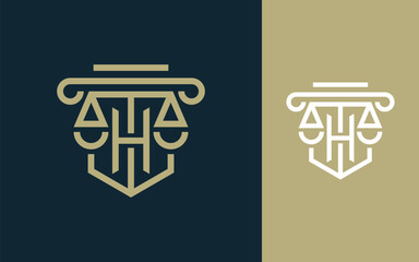 Initial letter H for law firm with pillars, legal scales and shield logo design vector illustration