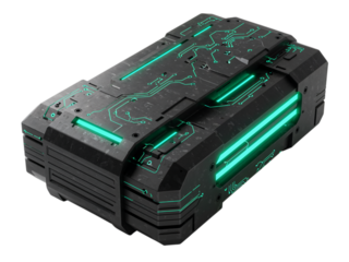 Futuristic sci fi energy power cell battery pack with glowing green lights isolated on transparent background
