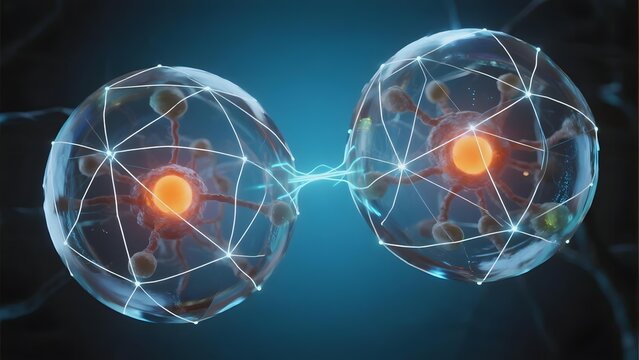 Illustration of Two Interconnected Atomic Structures with Glowing Cores