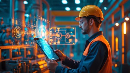 Engineer in safety helmet using digital tablet with holographic interface in modern industrial factory surrounded by advanced machinery - Powered by Adobe