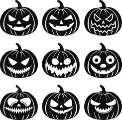 Obraz premium Nine black halloween pumpkins with different scary faces in silhouette style isolated on a white background