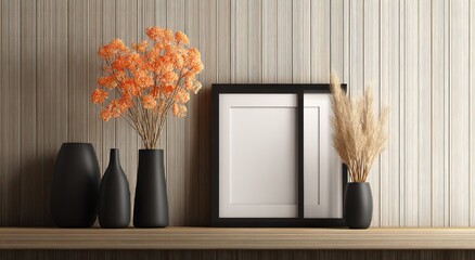 Minimalist shelf display with dried flowers and a blank frame