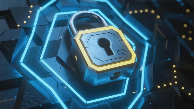 Futuristic digital padlock with glowing neon lights and geometric patterns