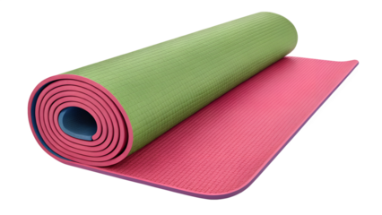 Rolled yoga mat with pink and green colors, isolated on transparent background png