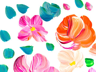 Abstract flowers on white background, original hand drawn, impressionism style, color texture, brush strokes of paint.