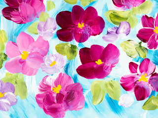 Abstract pink flowers on blue, original hand drawn, impressionism style, color texture, brush strokes of paint, art background.