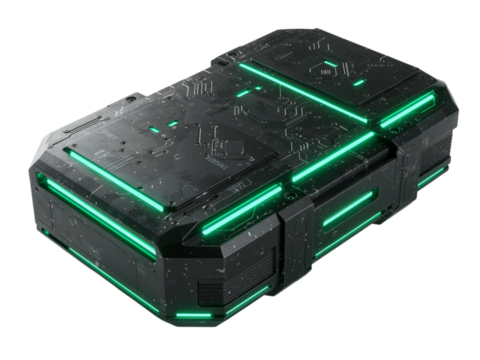 Futuristic glowing green energy lines on a dark metallic sci fi container isolated on transparent background