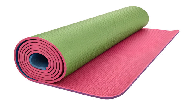 Rolled yoga mat with pink and green colors, isolated on transparent background png - Powered by Adobe