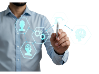 Businessman interacting with futuristic holographic interface displaying ai and robotics icons isolated on transparent background