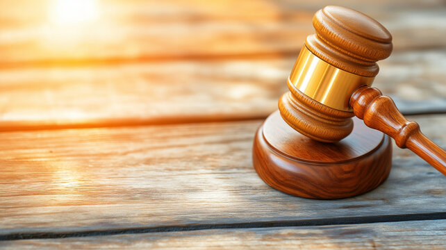 Wooden gavel with golden band resting on round base on rustic wooden surface with warm sunlight creating calm and authoritative atmosphere