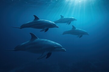 Obraz premium Graceful dolphins swimming underwater.