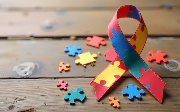 World Autism awareness and pride day or month with Puzzle pattern ribbon on wooden background. High quality