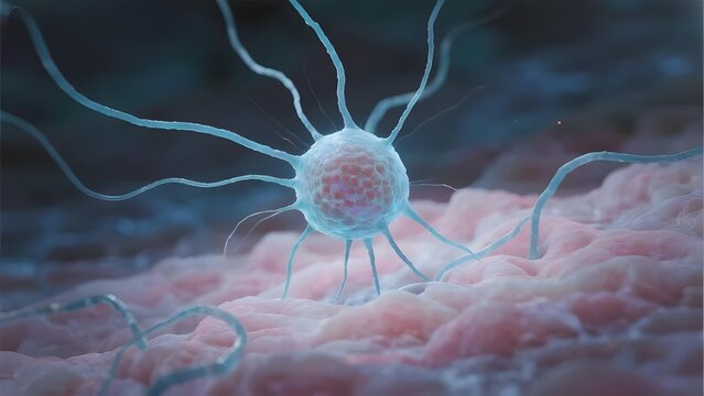 Microscopic View of a Neuron with Dendrites on a Cellular Background - Powered by Adobe