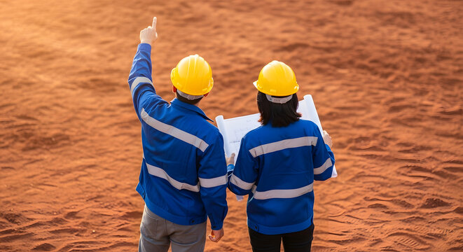 Two construction workers in hard hats review blueprints at a project site, planning future development with focused collaboration.