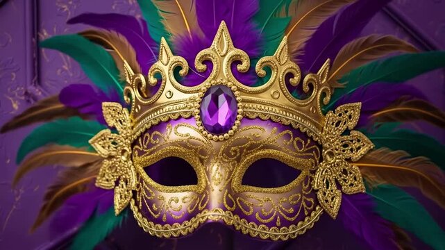 arnival mask in gold, purple, and green, decorated with feathers and smiling design. A vibrant cultural icon against a dark background.
