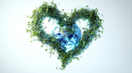 A network of green vines and leaves shaped like a heart with a glowing blue globe inside