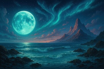 Mystical ocean under moonlight