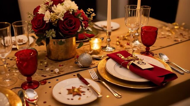 Luxurious holiday dining table with gold tablecloth, red napkins, sparkling glasses, and festive centerpiece in candlelight. Perfect for New Year promotions, restaurant ads, and holiday campaigns.