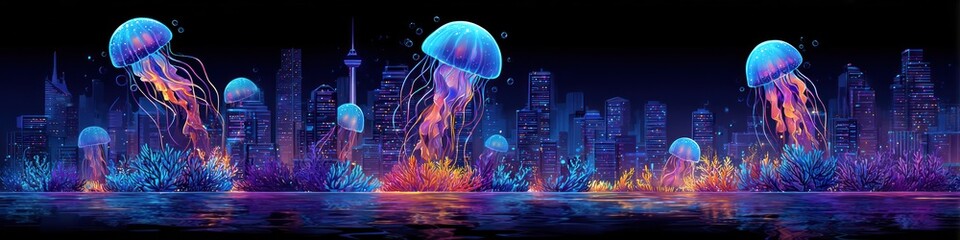 Jellyfish float above a vibrant cityscape at night in a surreal underwater dreamscape